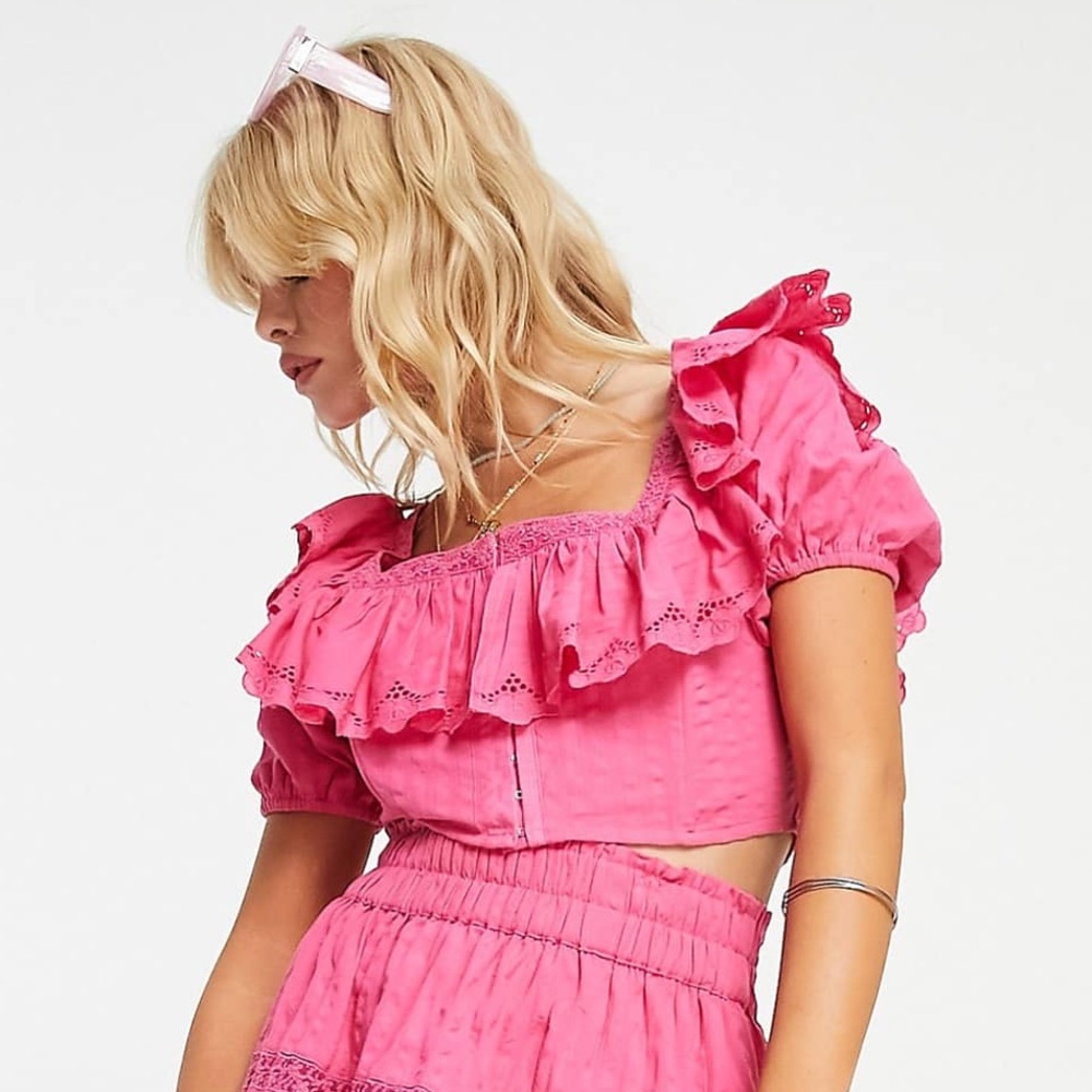 Reclaimed Vintage Pink Ruffle Collar Corset Crop Top Size 8
